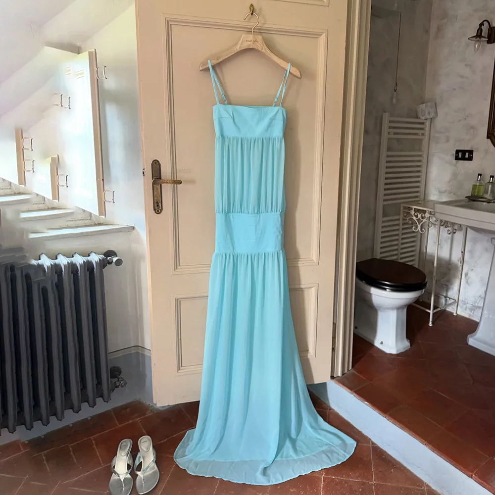 Light Sky Blue Women's Prom Dress Sexy Stripe Sleeveless See Through Sheer Long Robe Casual Formal Birthday Wedding Party Gown