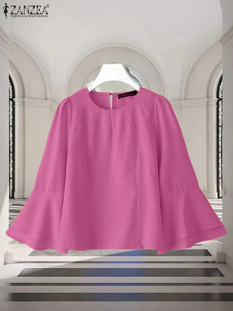 ZANZEA Casual Flare Sleeve Blouse Women Fashion O Neck Blusas Solid Color Loose Tops 2025 Autumn Simple Tunic Oversized Pullover