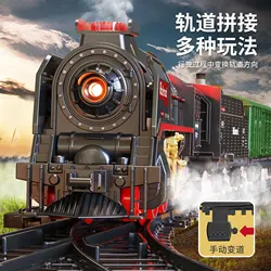 Retro Steam Train Track Toy Set with Smokes,Lights, Sound,Tracks,Electric Toy Train with Locomotive Engine,Cargo Cars and Tracks