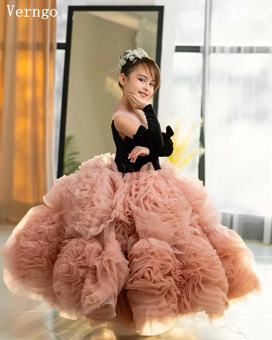 Verngo Pink Tulle Flower Girls Dress High Neck A Line Ball Gowns Princess 3D Flowers Kid Birthday Party Dresses Customized