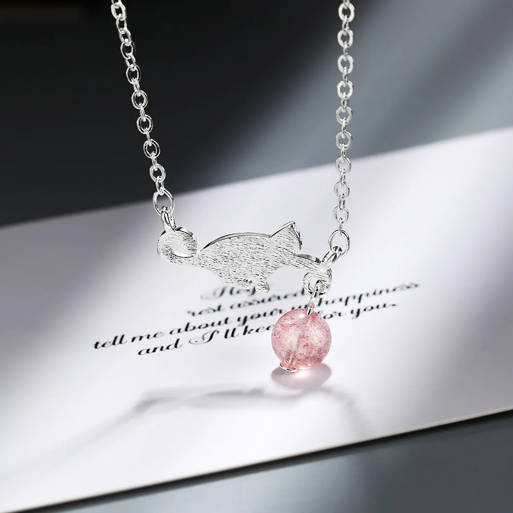 

925 Sterling Silver Strawberry Cat Crystal Neck Necklaces For Women Luxury Fine Jewelry Accessories