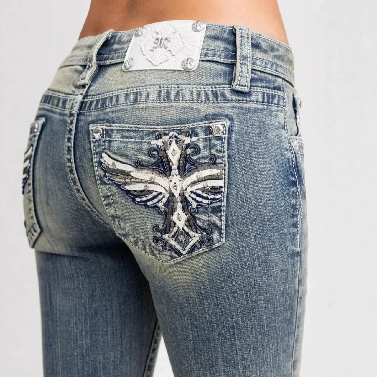 Y2k European And American Women's Clothing Spice Girl Retro Low-rise Embroidered Wings Cross Slim-fit Jeans Women