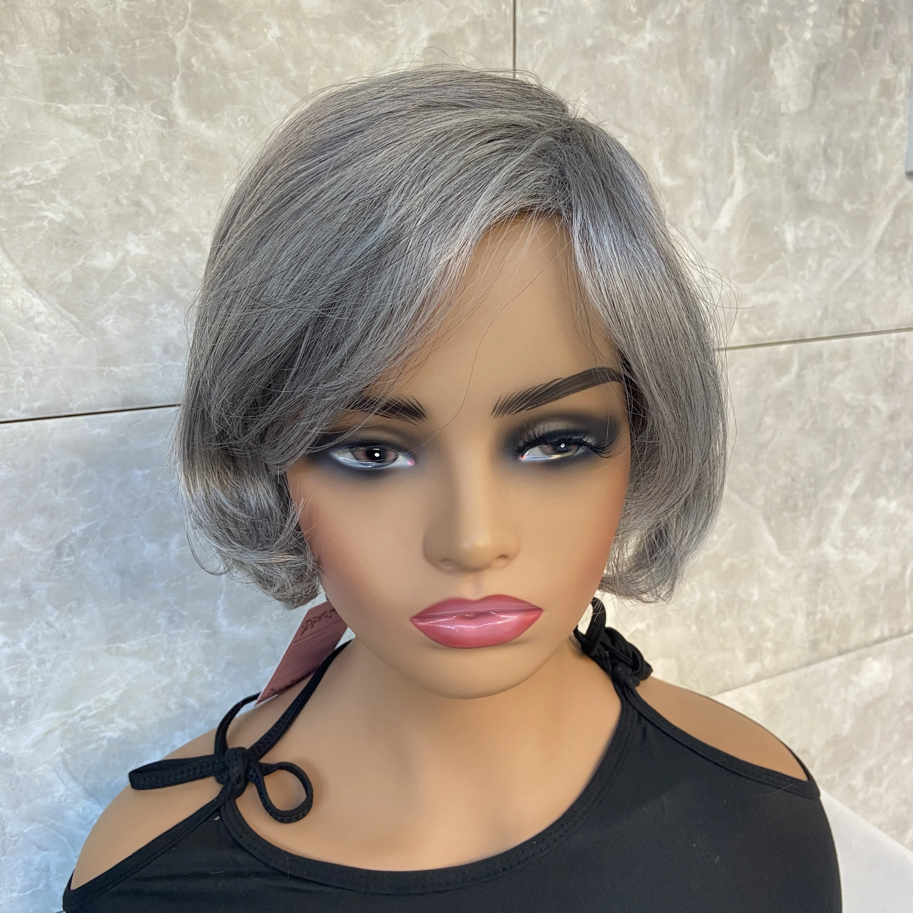 Fashiomag Short Straight Bob Gray Silver Mix Grandma Synthetic Hair Wigs Women Soft Natural Daily Use