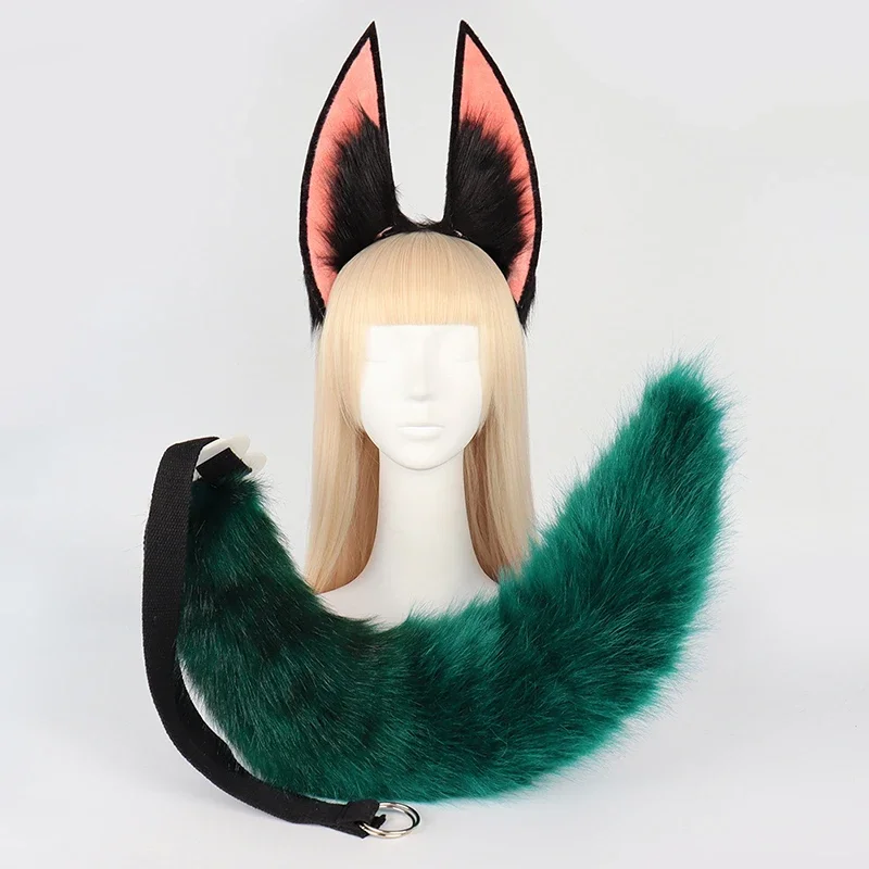 Genshin Impact Tighnari Cosplay Ears Tail Headwear Cosplay Costume Accessories Green Plush Tail Ears with Leave Earrings