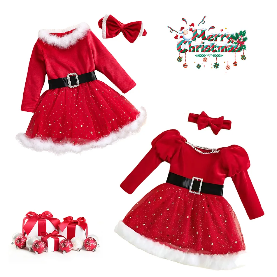 Girls Christmas Velvet Dress with Star Tulle Skirt Fuzzy Trim Princess Party Gown for Kids Holiday Pageant Photography Outfit