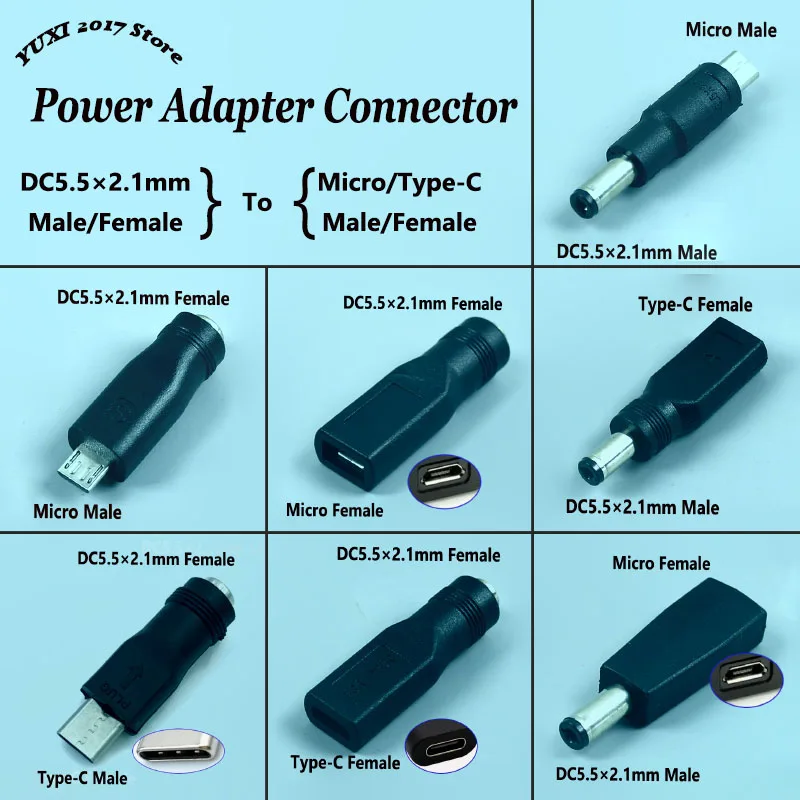 DC5.5x2.1mm To Micro USB Type-C Male Female Power Adapter Connector Converter Plug For LED Light Router Camera Power Supply ﻿