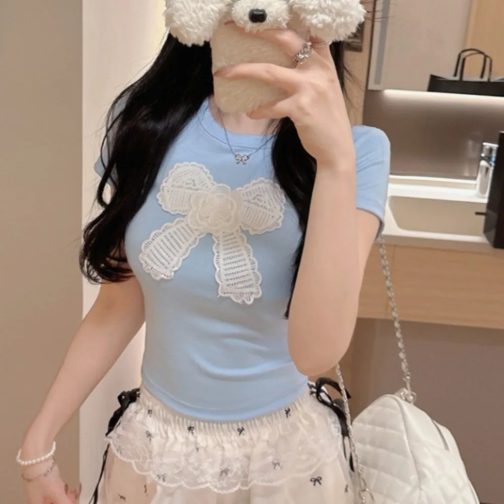 

Ins Sweet Cotton Korean Bow T-shirts Bowknot With Chest Pads Y2K Crop Tops Korean Style Undershirt Short Shoulder Tops Student