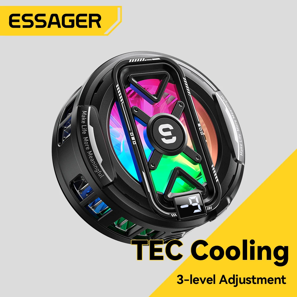 

Магнитный кулер Essager 2-в-1 для телефона с RGB-подсветкой и HD-дисплеем, быстрое охлаждение, 3 уровня регулировки скорости вентилятора для игр