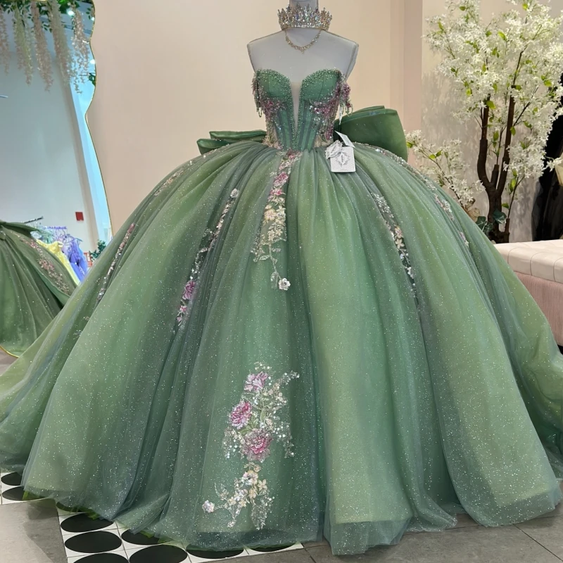 

Green Shiny Quinceanera Dresses Ball Gown Off The Shoulder Sequin Applique Lace Beading Bow Tull Corset Party Birthday Sweet 16
