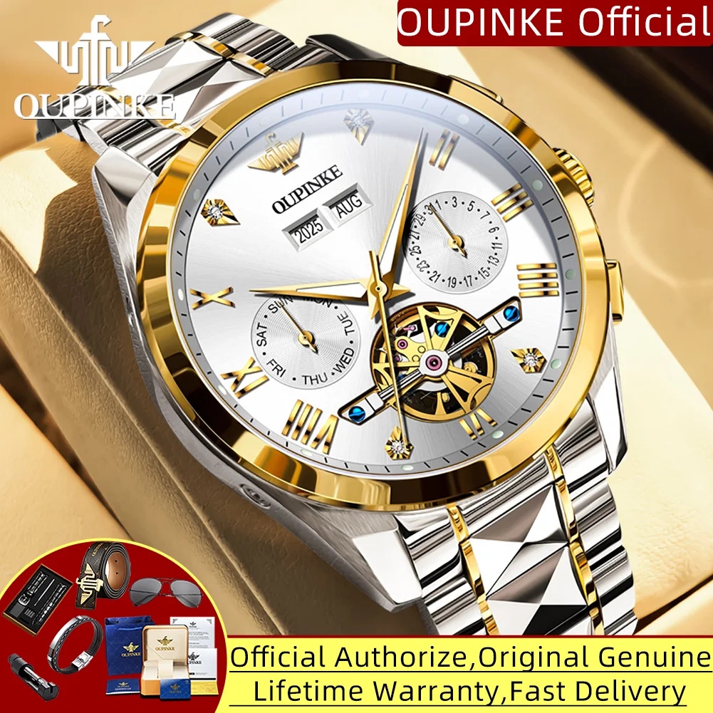 

OUPINKE 3240 Высококачественные автоматические мужские часы 44 мм с большим циферблатом из вольфрамовой стали со скелетом и маховиком Роскошные деловые оригинальные мужские часы