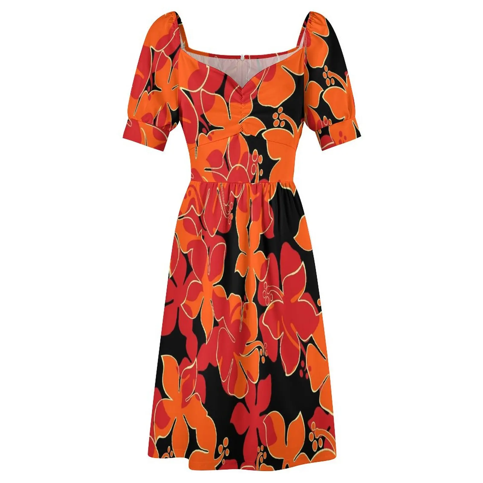 Hanalei havaiano floral camo aloha camisa estampada-vermelho, laranja e preto vestido de manga curta vestido feminino vestido de roupas femininas