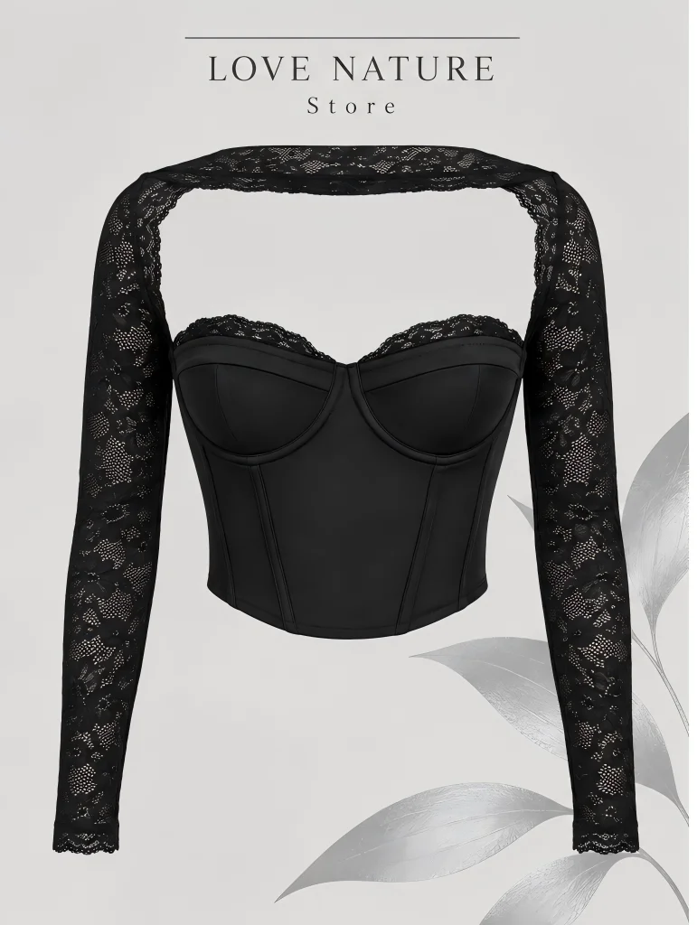 【LOVE NATURE Store】Women’s Black Lace Long Sleeve Corset Top, Underwire Bustier Crop Top