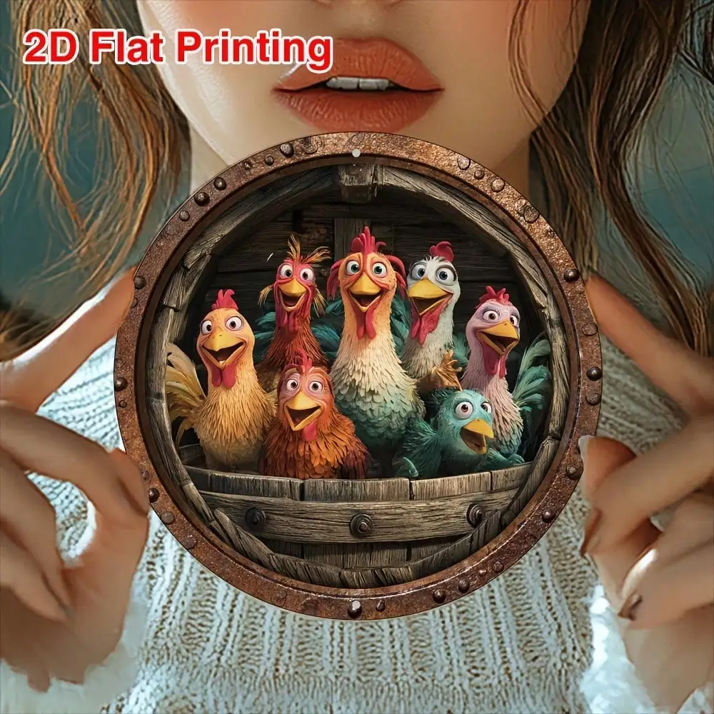 CIFBUY Metal Chicken Wall Art Boho Farmhouse Decor Vintage Aluminum Round Sign for Kitchen Courtyard Home Garden Outdoor Decor