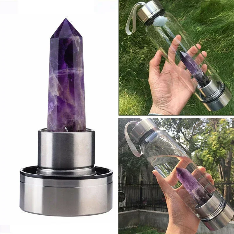 

Water Bottle Natural Crystal Stone Diamond Point Healing Obelisk Wand Healing Elixir Quartz Crystal Gem Colors Rope Gemstone Cup