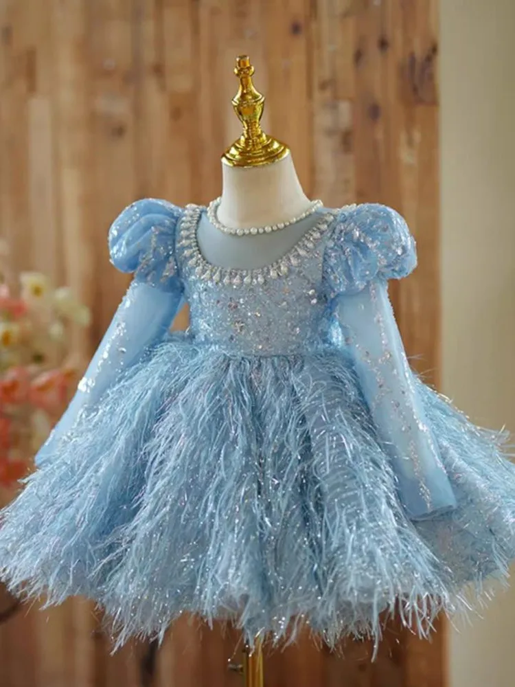 High-End Children\'s Princess Evening Gown Pearls Sequins Design Wedding Birthday Catwalk Party Eid Girls Perform Dress A3552