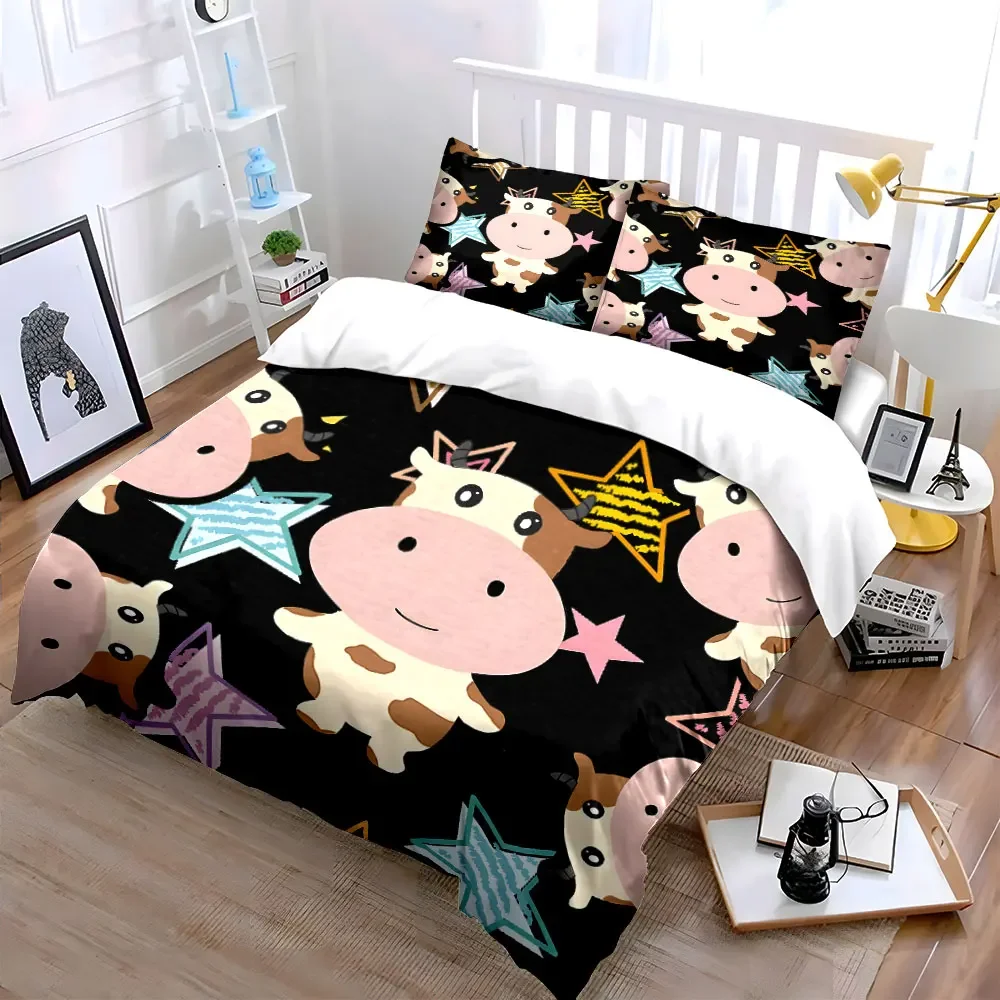 Cartoon Cow Three-Piece Set Pajamas Multiple sizes kid's and adults' bedroom Exquisite 3PC bedding set, gift