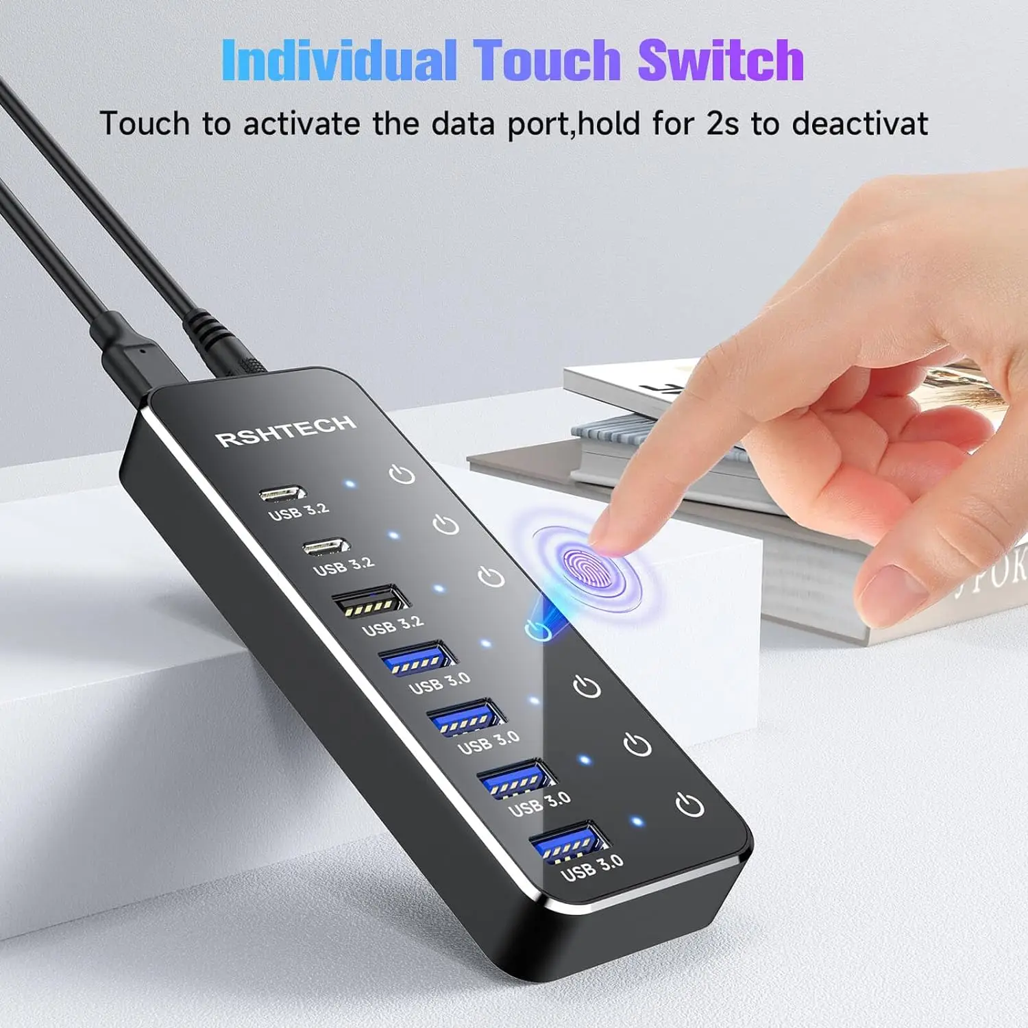 RSHTECH 7-Port Powered USB C Hub with 10Gbps USB-C 3.2 Ports Individual Touch Switches 5V/3A Power Adapter Laptop USB Splitter