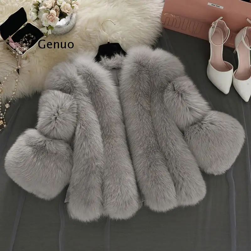 

Women Thick Warm Pink Fur Coat 2022 Winter Fashion Faux Fox Fur Coat Female Three Quarter Sleeve Artificial Fur Jacket