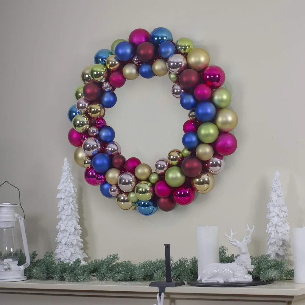 Multi-Color 2-Finish Shatterproof Ball Christmas Wreath, 24-Inch