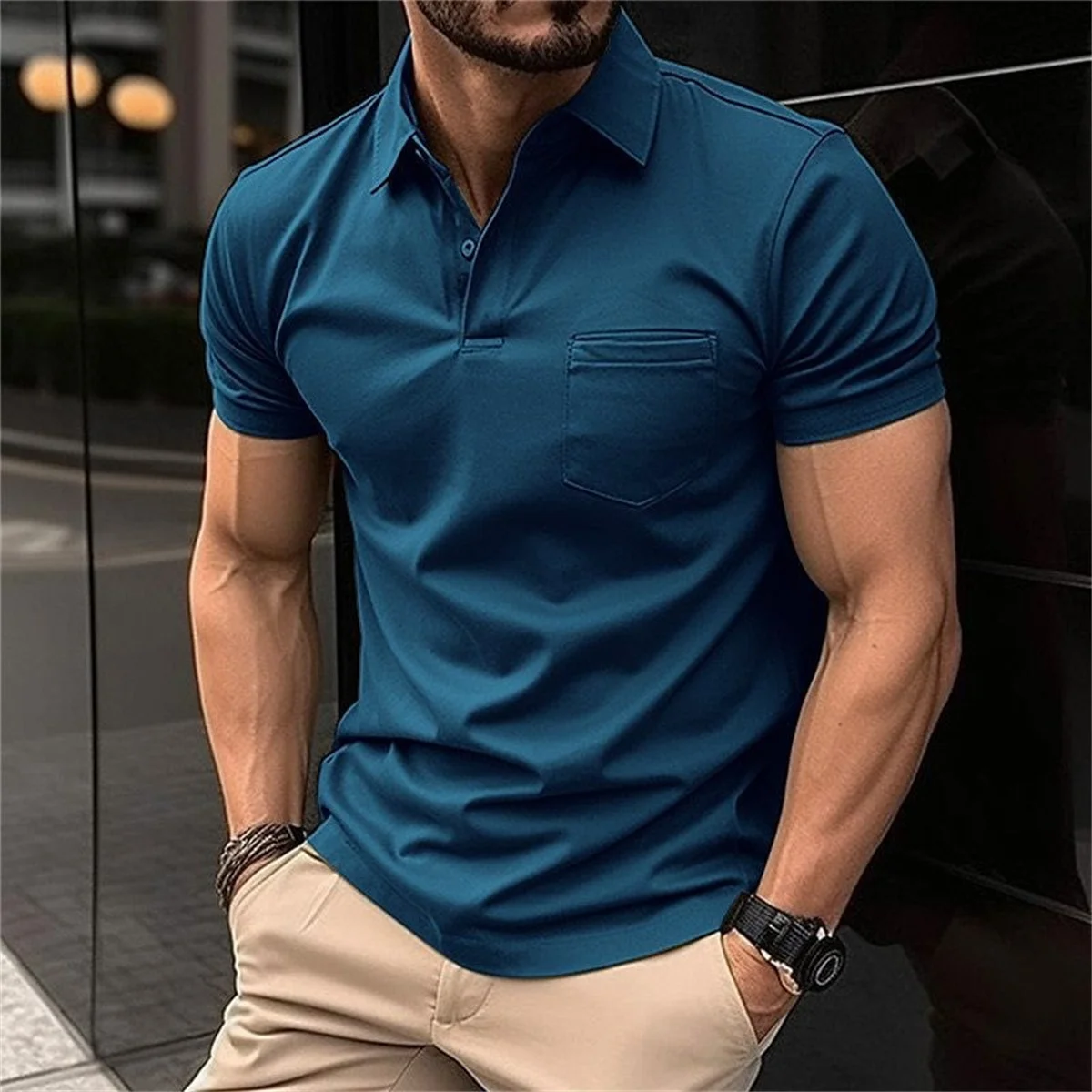 

Summer Men's Cool Breathable Sport Button Pocket Solid Color Polo Shirt