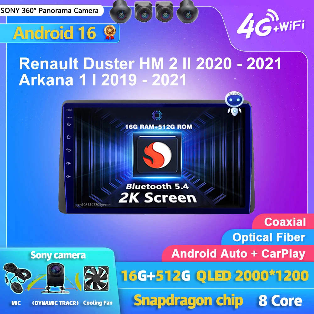 Android 16 Carplay Auto Car Radio Multimedia Player For Renault Duster HM 2 2020 - 2021 Arkana 1 2019-2021 Stereo 2din Head Unit