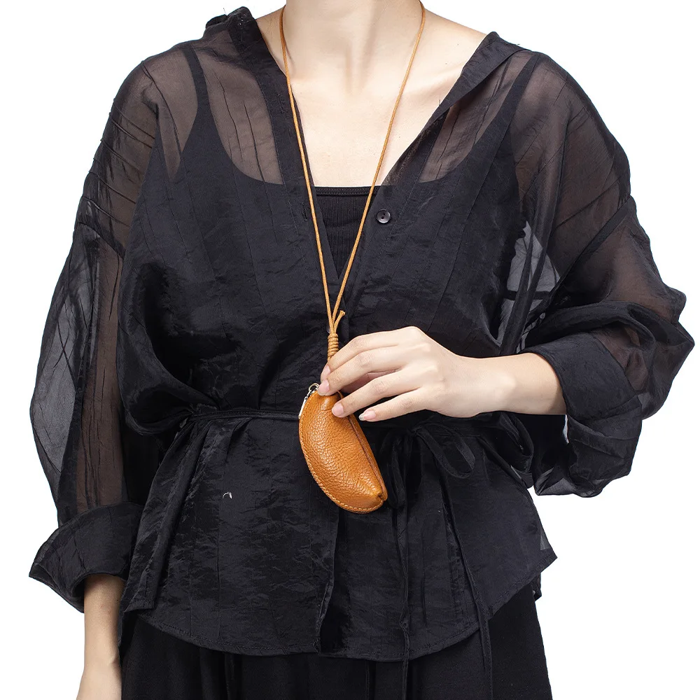 Nuevos monederos de cuero genuino, cartera con cordón, monedero para mujer, cremallera, bolsa de lápiz labial de cuero de vaca para mujer, cartera pequeña