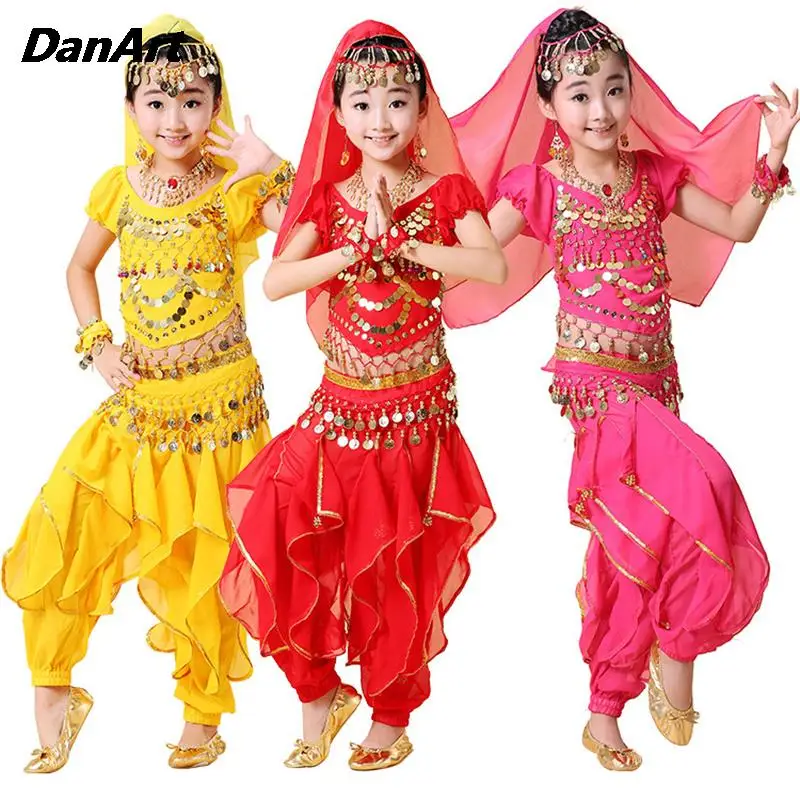 

Children's Belly Dance Costume Set Girls Short Tops+Harem Pants Indian Dance Performance Clothing Arabic Halloween Outfit Set