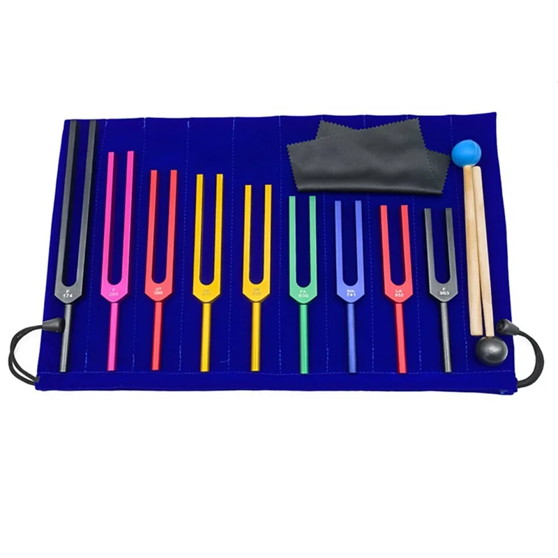 9Pcs Colorful Solfeggio Aluminum Alloy Tuning Forks, Therapy Tuning Forks, Speech Therapy