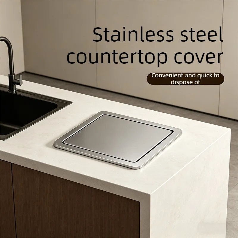 

Stainless Steel Trash Can Lid Countertop Embedded Garbage Can Shaking Cover Flip Built-in Countertop Kitchen Waste Bin Flap