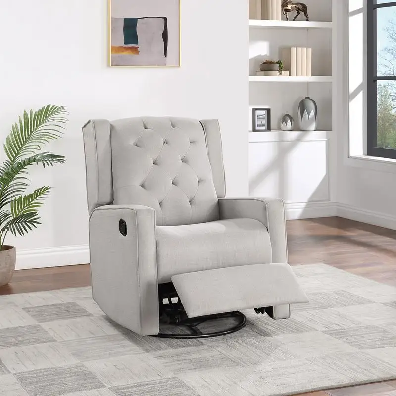 

Contemporary Light Gray Polyfiber Swivel Recliner Chair Manual Motion Wing Back Tufted Cushion Living Room Glider Furniture