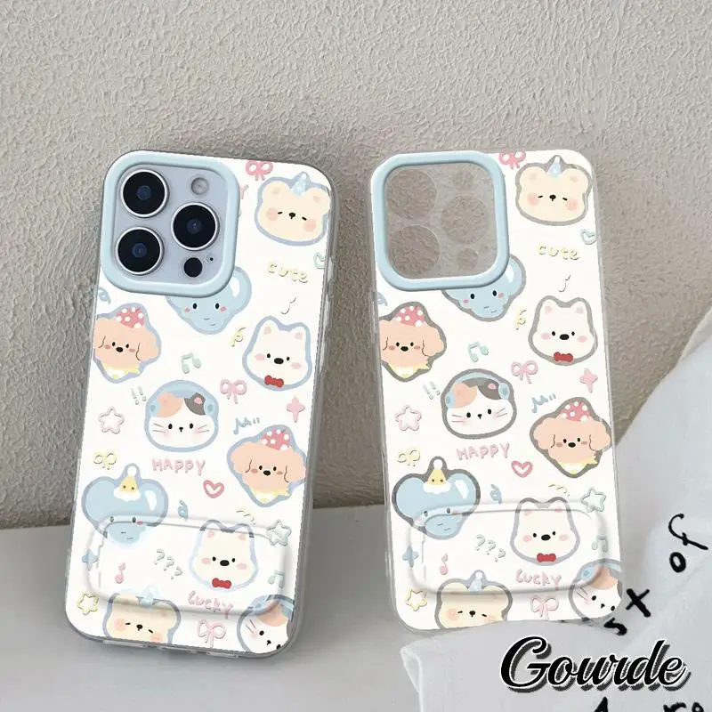 

Gourde Cute Cartoon Patterns With Folding Makeup Mirror Holder Phone Case for iPhone 15 Pro Max 16 15 14 12 13 11 Pro Max