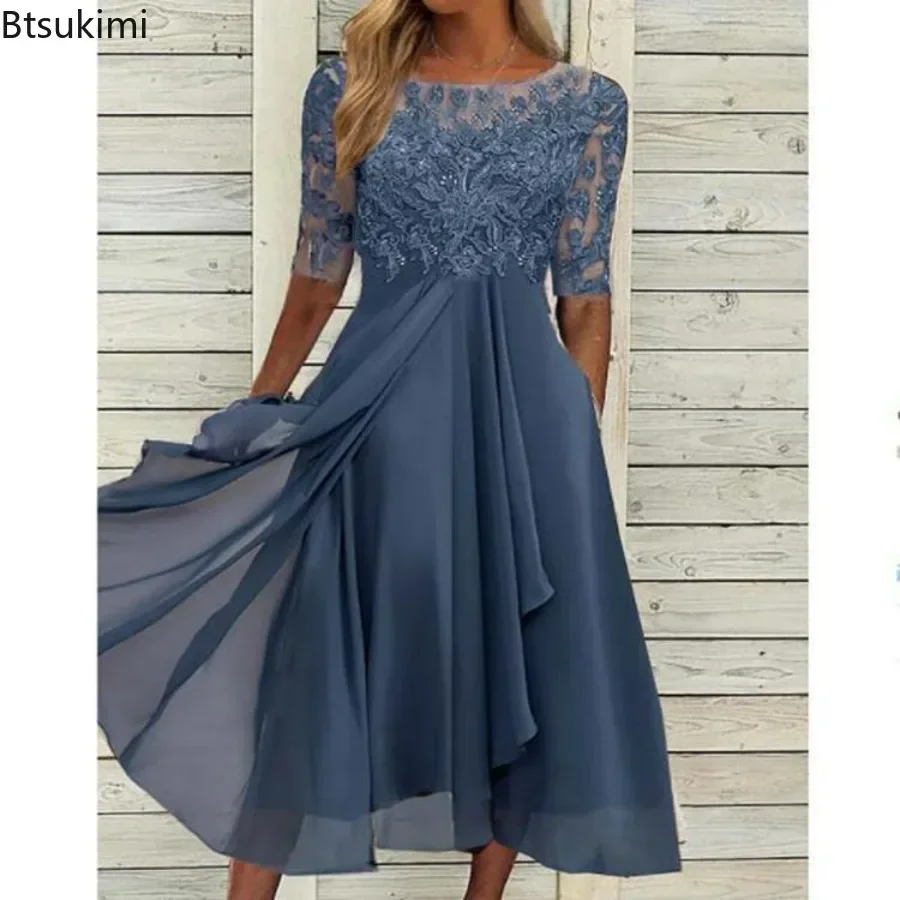 2024 Women's Summer Dress Elegant Gradient Colorblock Midi Dress for Women for Dating Parties Beach Vacations O Neck Loose Dress