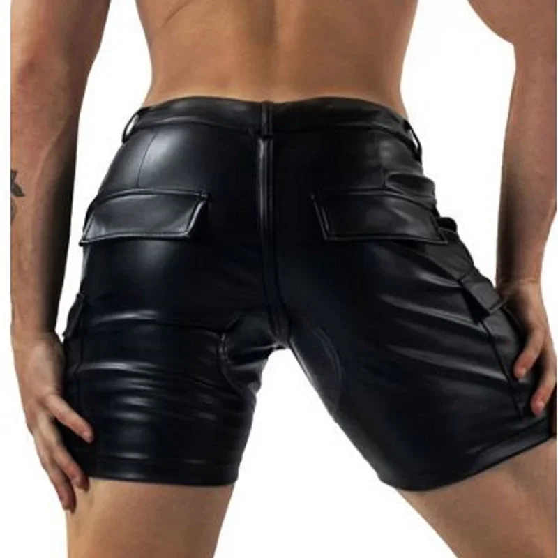 Sexy Men Faux Leather Open Crotch Erotic Shorts PVC Night Club Men Front Diagonal Zipper Rear Crotch Opening Trouser 2024