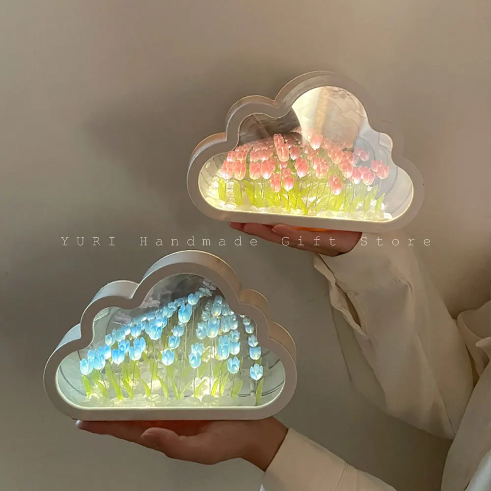 Cloud Tulip Night Light Handmade DIY Material Flower Home Decor Mirror Creative Atmosphere Lamp Birthday Gift Valentine\'s Day