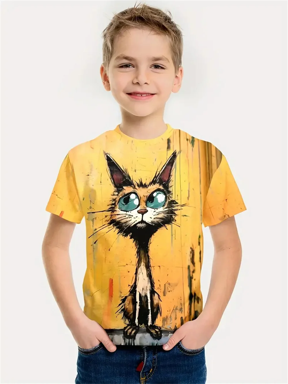 

Cartoon Cat Kids Boys Clothes 3d Cat Print Tee Shirt Short Sleeve Children's Clothing Fashion T Shirt For Boys Top Tee Summer