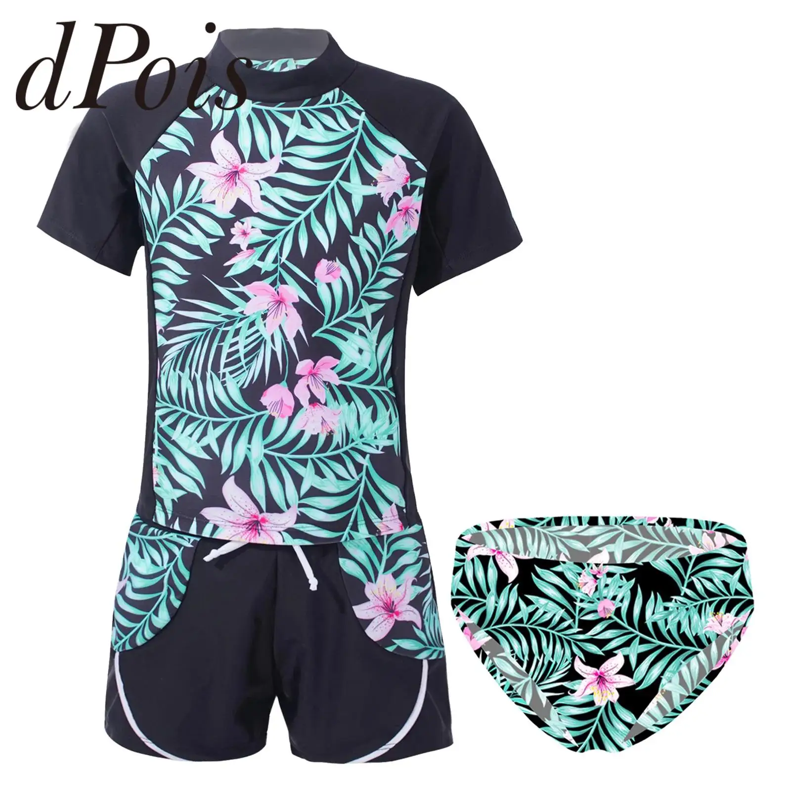 Kids Girls Bathing Set Printed Swimwear Short Sleeve Tops with Drawstring Waistband Shorts Briefs Children Swim Suits Beach Wear