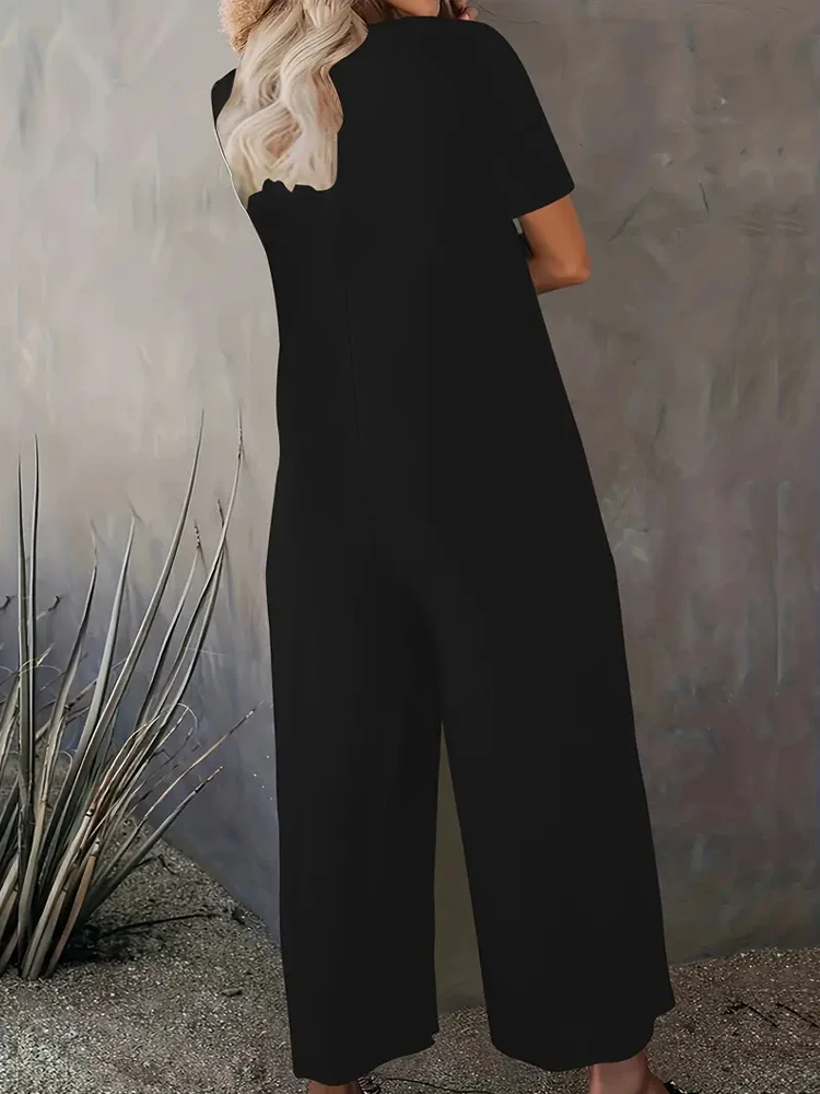 Summer Chic Solid Casual Pockets Jumpsuit Crew Neck Short Sleeve Wide Leg Long Pant Versatile Outfit Plus Size Women\'s Clothing