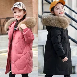 2024 Teenager Winter Girls Jacket Keep Warm Fur Collar Princess Coat Solid Color Hooded Zipper Outerwear  Christmas Kids Clothes