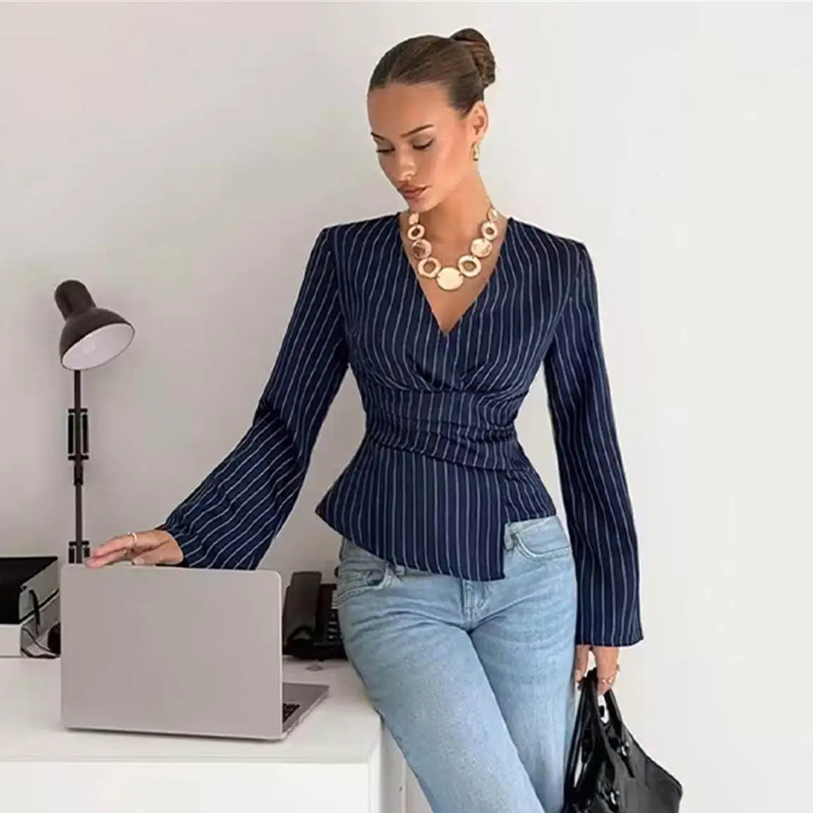 

Fashionable Striped V-Neck Long Sleeve Women's Shirt Waist Cinched Pullover European Style Regular Length Silk Glowing Effect