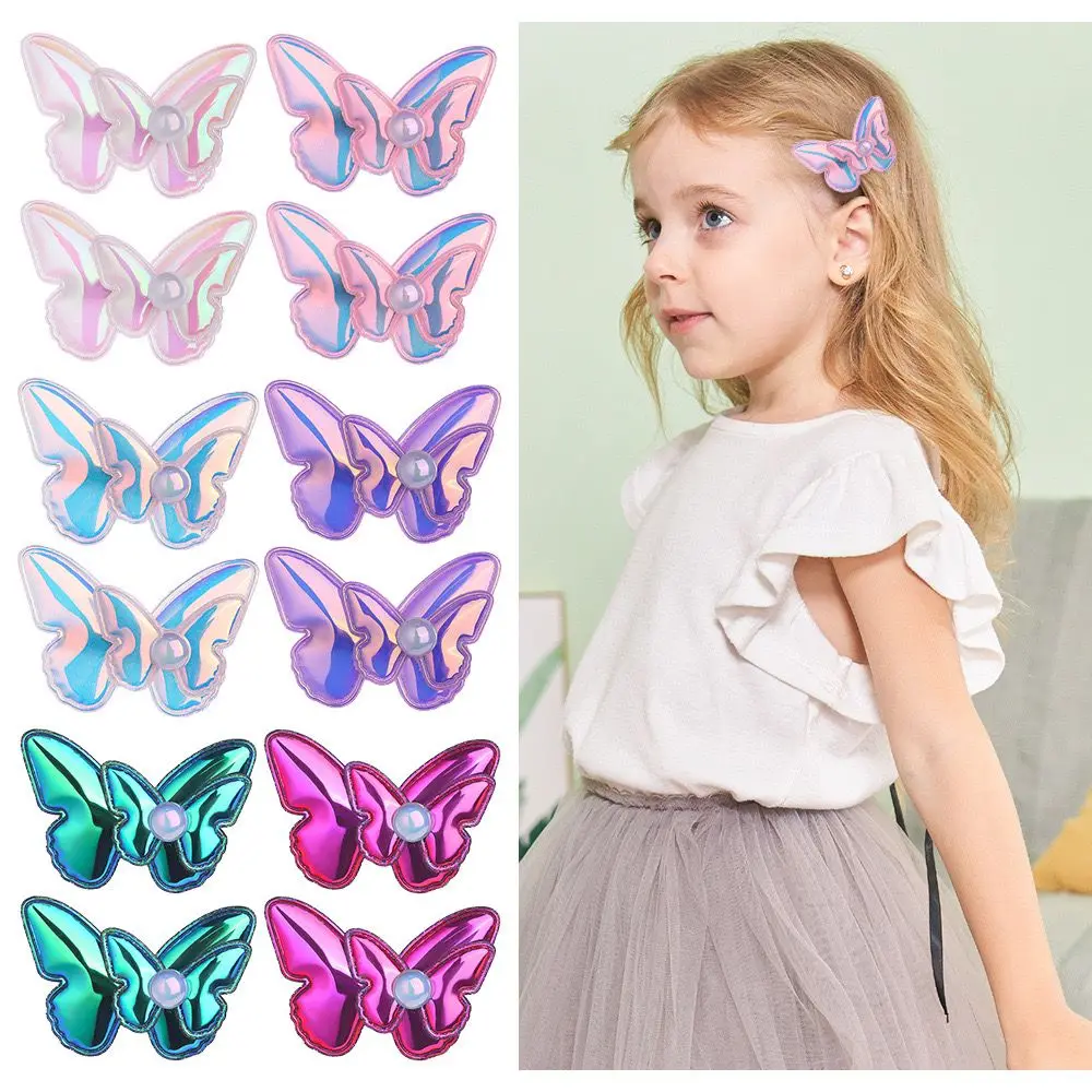 Bulk 60pc/lot New Gradient Laser Rainbow Butterfly Bow Baby Girls Hair Clips Pearl Hairpins for kids Headwear Barrettes Kids