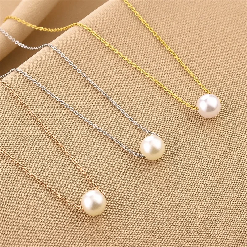 1PCS Stainless Steel Chain 5mm White Pearl Pendant Necklaces for Women's Fashion Clavicle Chain Jewelry Girls Party Gift