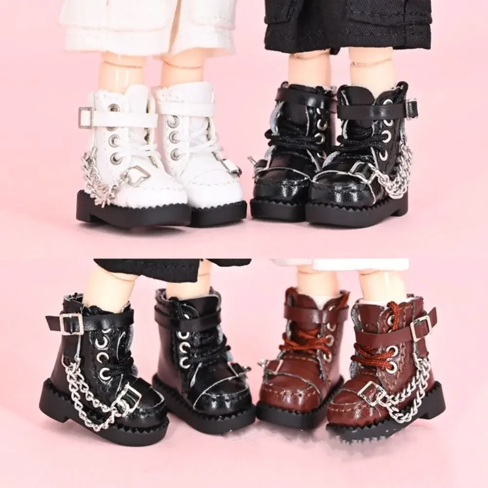 1 Pair High-top Obitsu 11 Doll Boots Mini Metal Chain 1/12 Bjd Doll Leather Shoes PU Leather High-heeled 1/12 Bjd Doll Boots