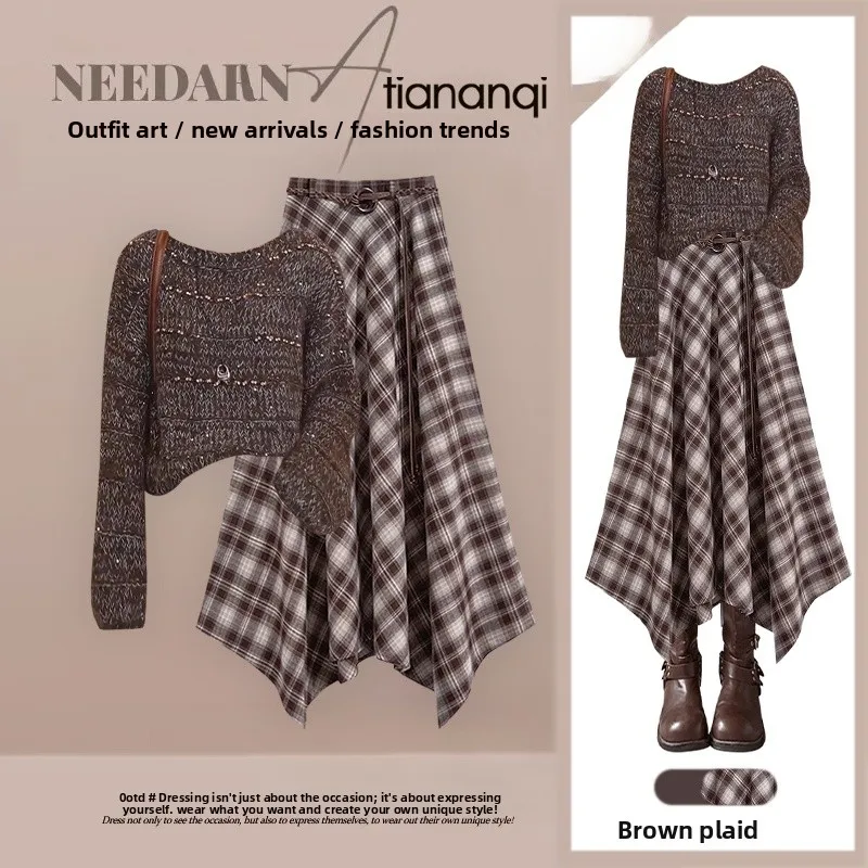 

Autumn Design Loose Knitted Sweater High Waist Slimming Plaid Skirt Two-Piece Set Faionable Age-Defng Versatile Ense...