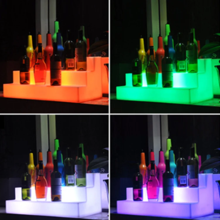 LED Escada Whisky Wine Rack, Colorido Recarga Lâmpada Noite, Luminosa Prateleira, Jóias, 3-Tier Display Wine Cabinet