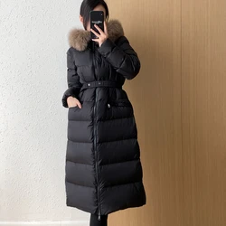 Winter Coat Women New Fox Fur Collar Hooded Long Down Jacket 90 White Duck Down Thickened Warm with Belt Waist Slimming Overcoat