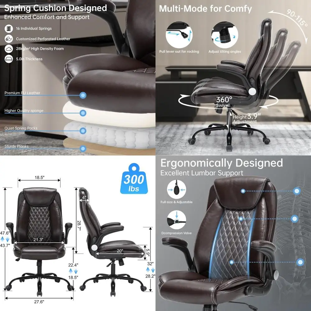 

Ergonomic High-Back Office Chair for Big & Tall, 300 lbs Capacity, PU Leather, Adjustable Lumbar, Swivel, Recline, Flip Armrests