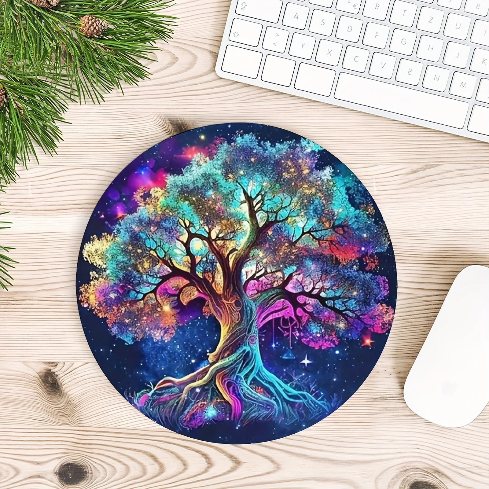 Vibrant Cosmic Tree Round Mouse Pad for Women Girls Non-Slip Rubber Gaming Office Computers Laptops Mouse Pads for Desk Mpusepad