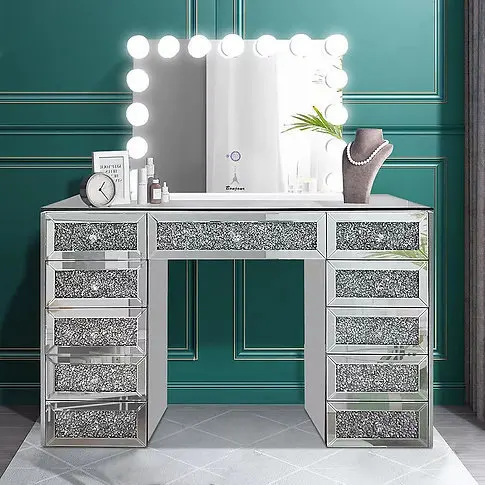 طاولة زينة على الحائط من الزجاج الماسي الأوروبي، طاولة زينة لغرفة النوم، تخزين خزانة متعددة الوظائف #1