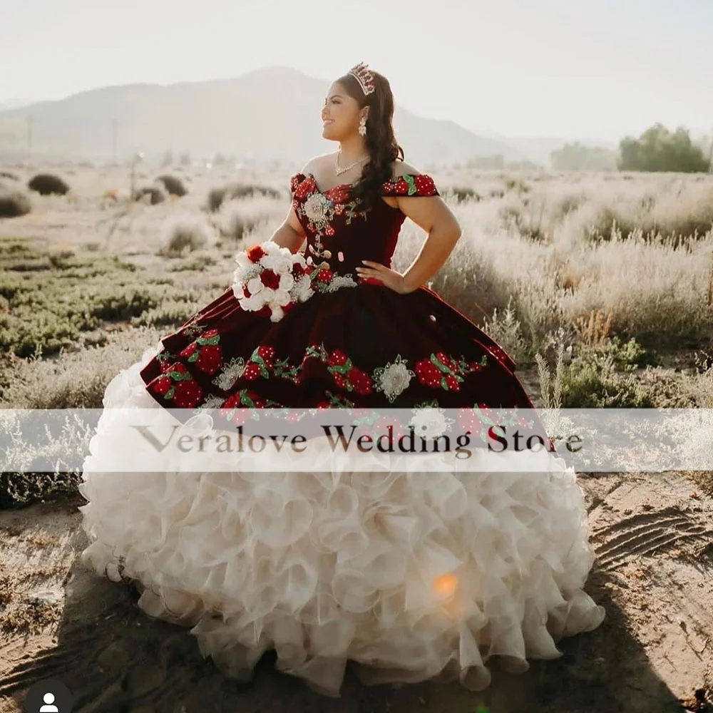 Vestido de baile rojo de lujo para quinceañera, apliques de flores, cuentas de cristales, volantes, vestidos de fiesta para niña mexicana 16. °