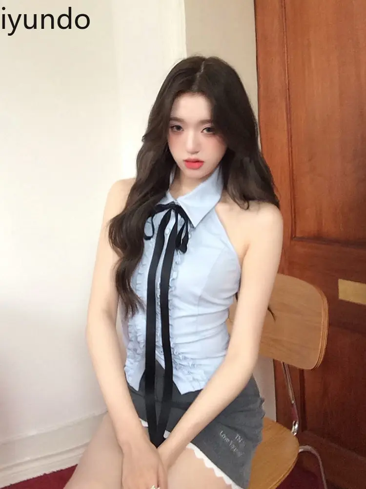 Blue Lace Crop Top Tie-Front Design + Gray Off-Shoulder Bodysuit Sweet & Spicy Cute Two-Piece Collegiate Style Girls' Outfit